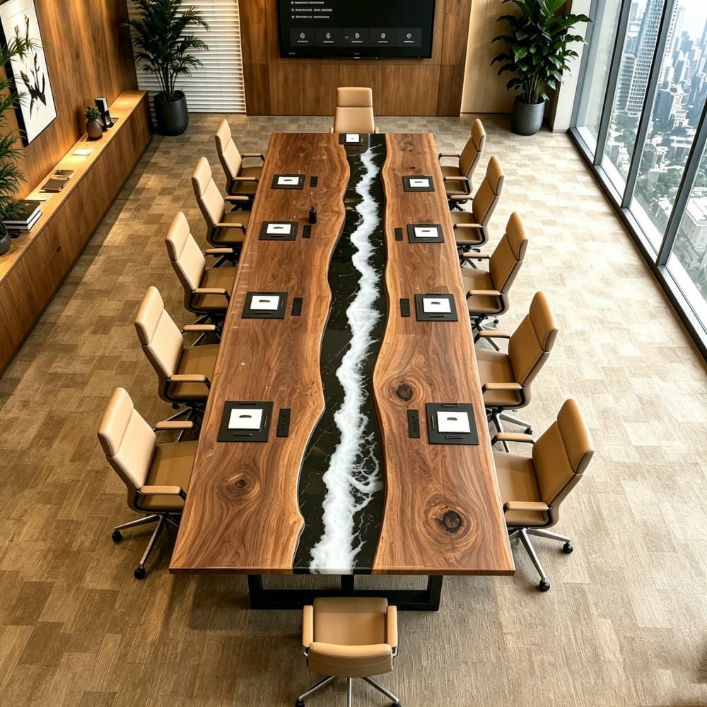 Top view of an executive boardroom table featuring a black epoxy resin river with realistic white seafoam ocean wave effects