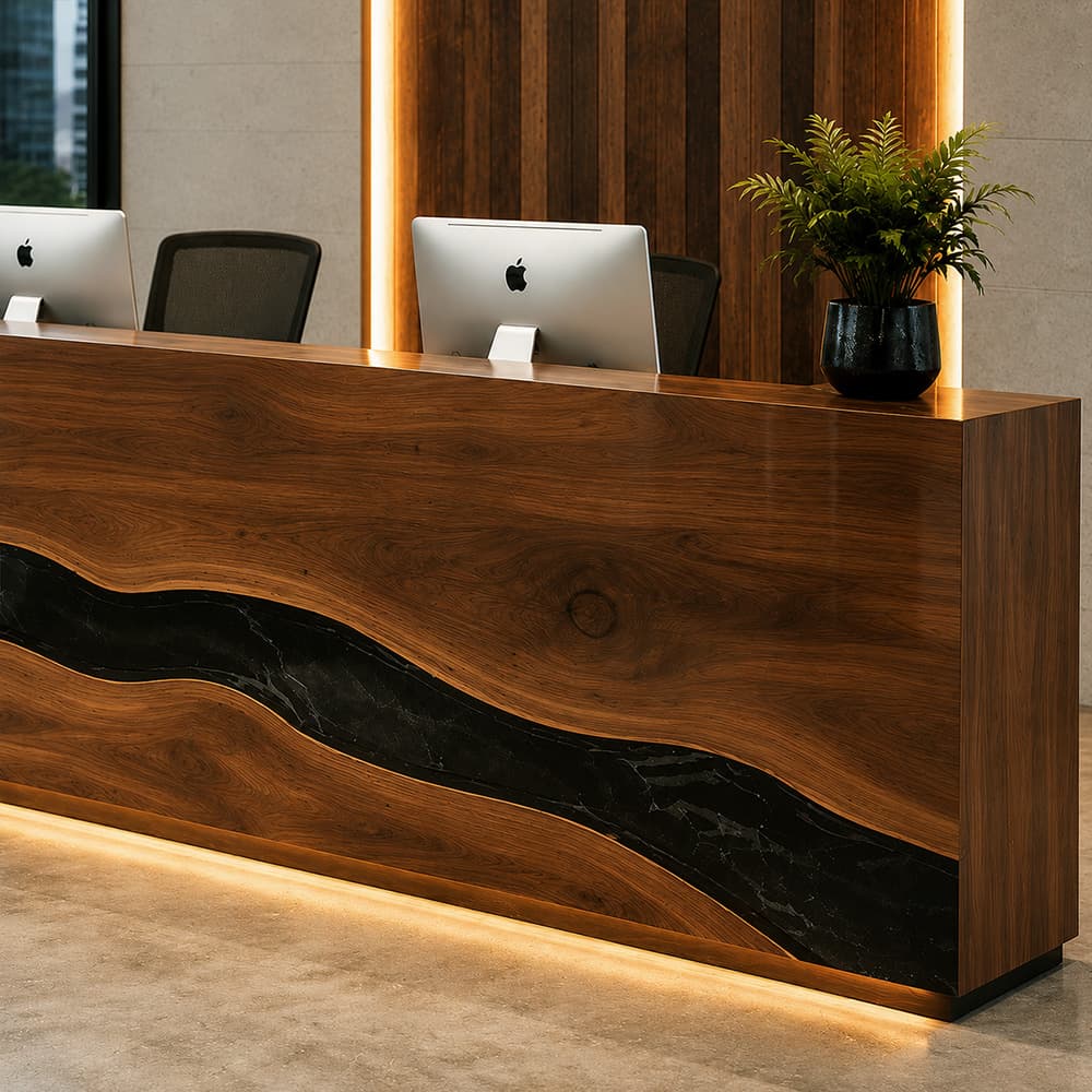 Luxury office reception counter featuring walnut grain and gunmetal epoxy river