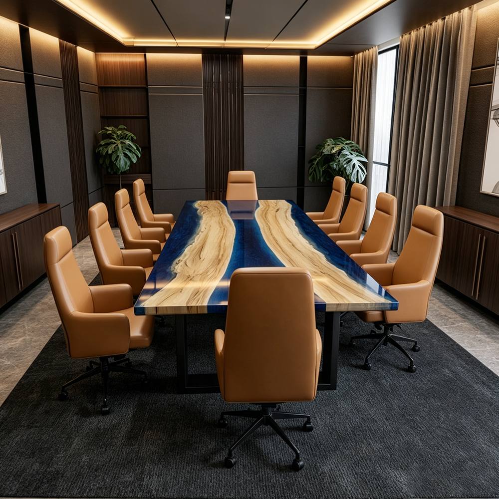 Luxury office table with flowing resin artwork, natural timber character, and a sleek contemporary profile