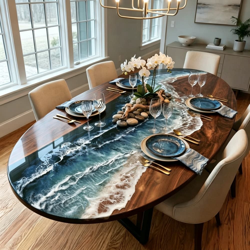 Luxury oval solid wood epoxy resin dining table with an artistic blue resin design