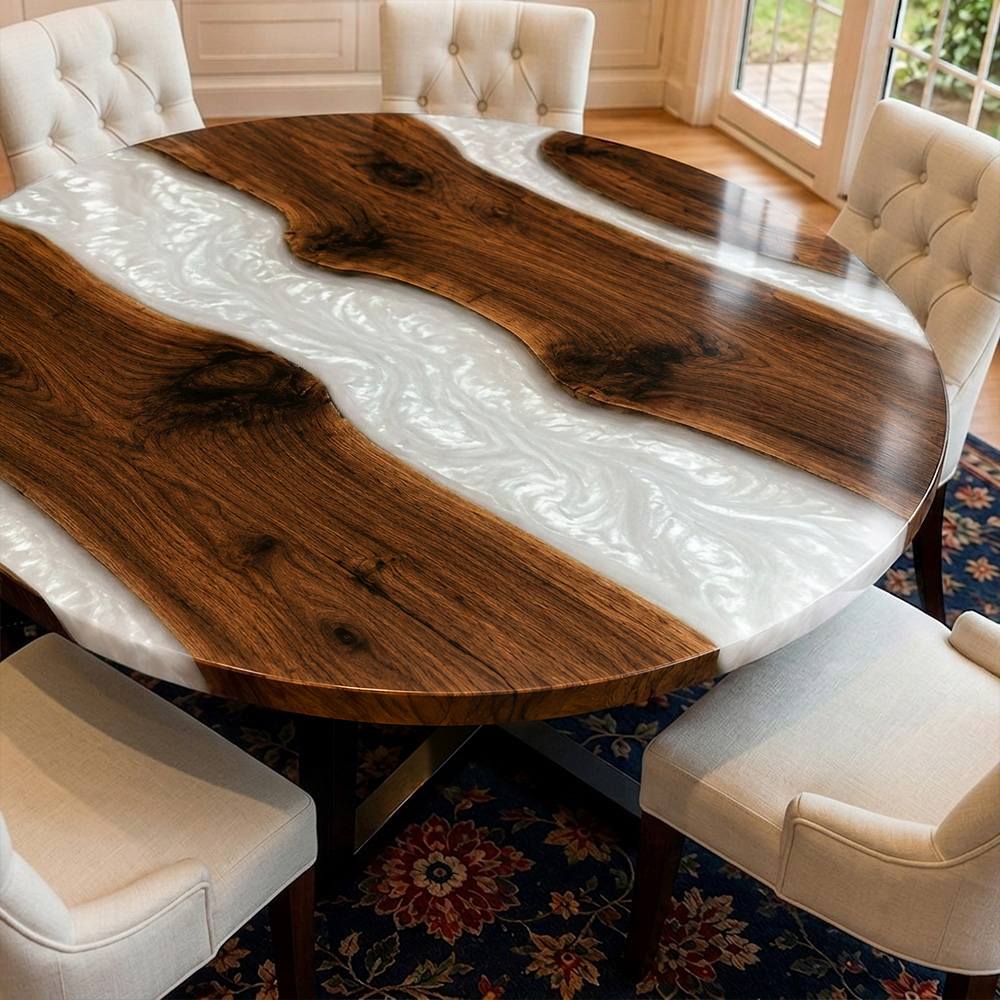 Luxury pearl white epoxy river dining table handcrafted from solid black walnut with a modern pedestal base