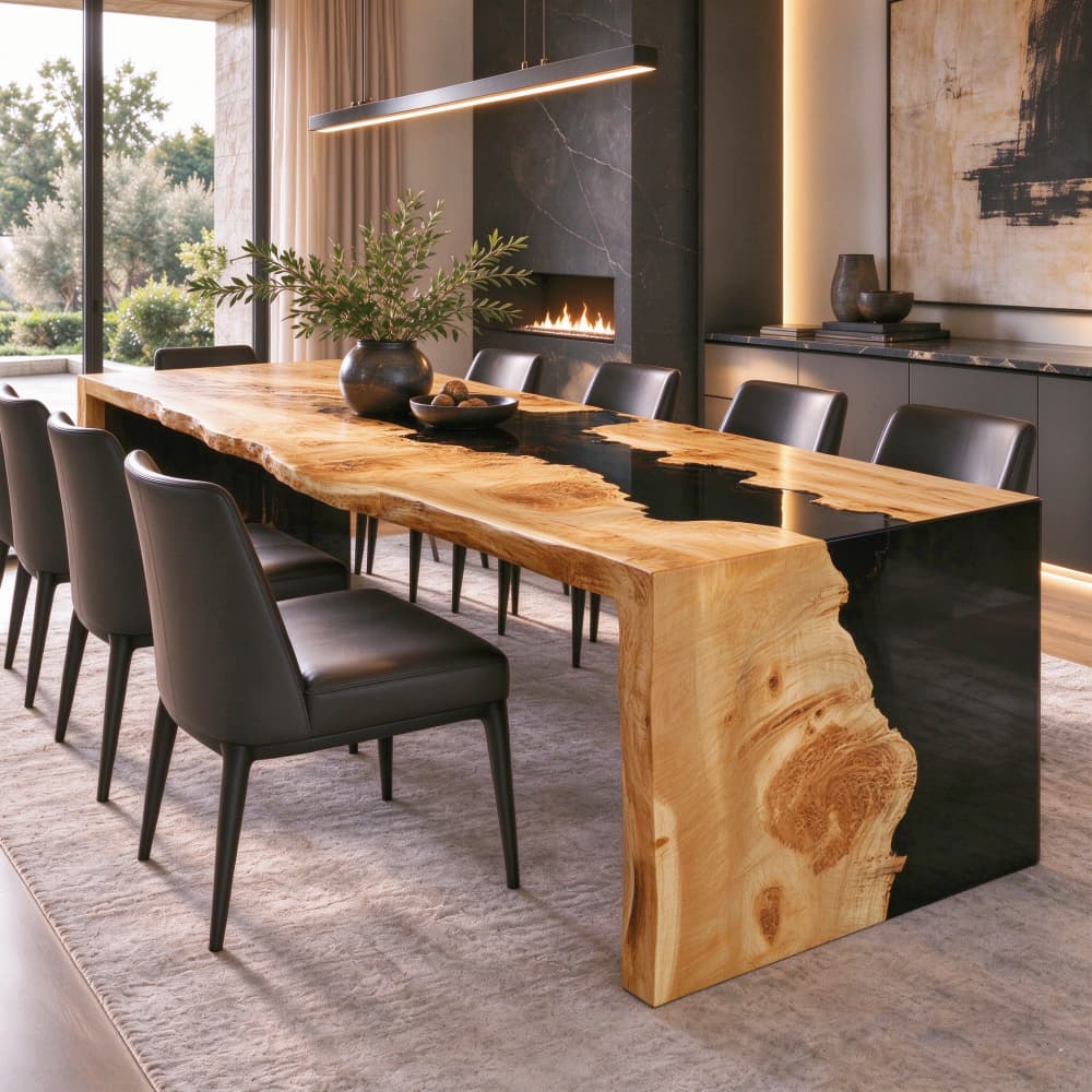 Luxury poplar wood and black epoxy waterfall dining table with natural live edges in a modern upscale dining room.