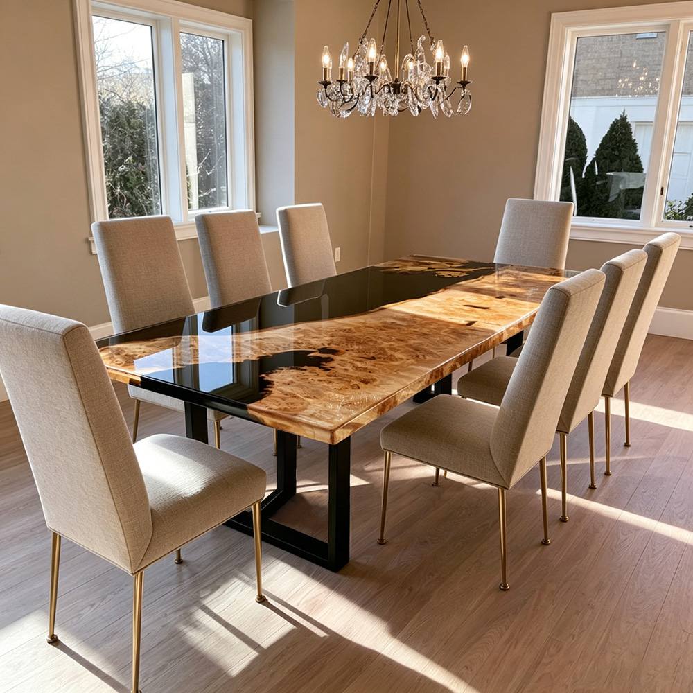Luxury dining table combining naturally figured poplar burl with mirror-like black resin for a sophisticated interior