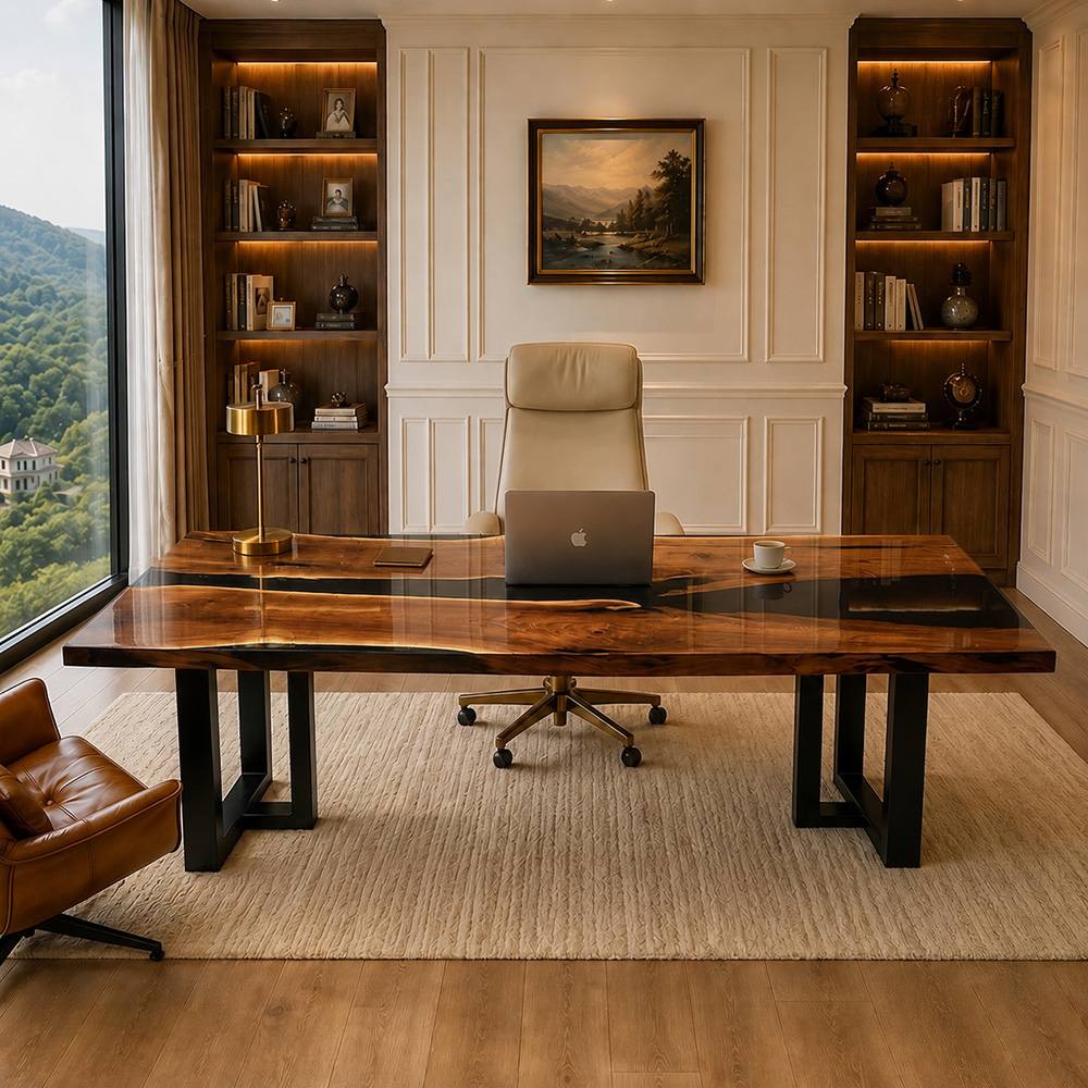 Modern luxury remote work setup with walnut epoxy river desk