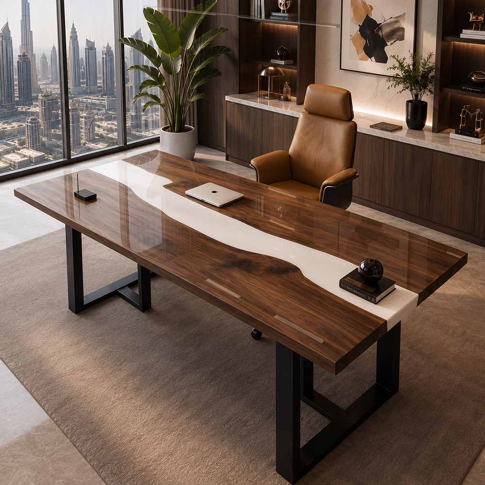 Large-scale wood epoxy office command station paired with a premium high-back tan leather rolling executive armchair on a grey rug