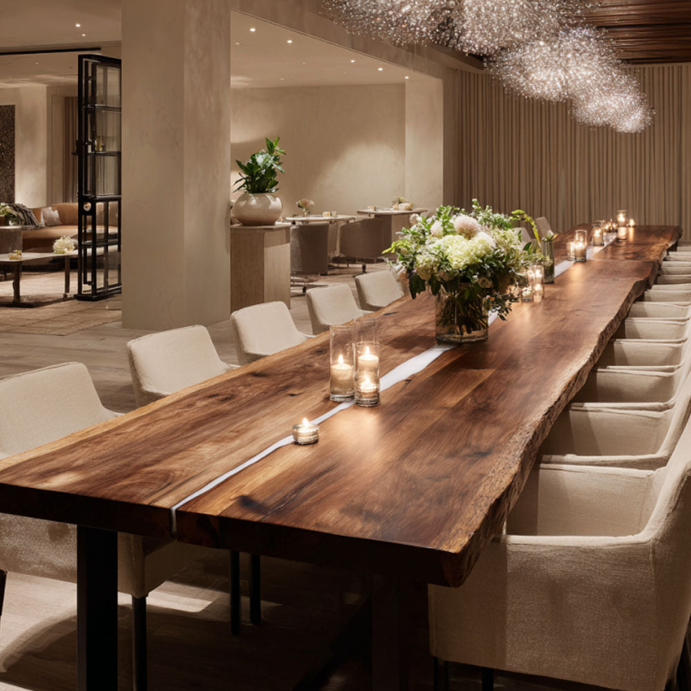 Premium walnut river banquet table with natural live edge wood and transparent epoxy resin