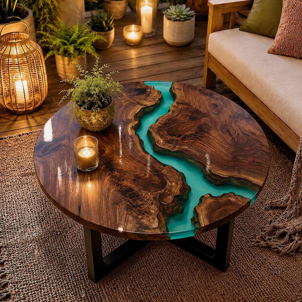 Luxury round coffee table crafted from black walnut and transparent green resin centerpiece