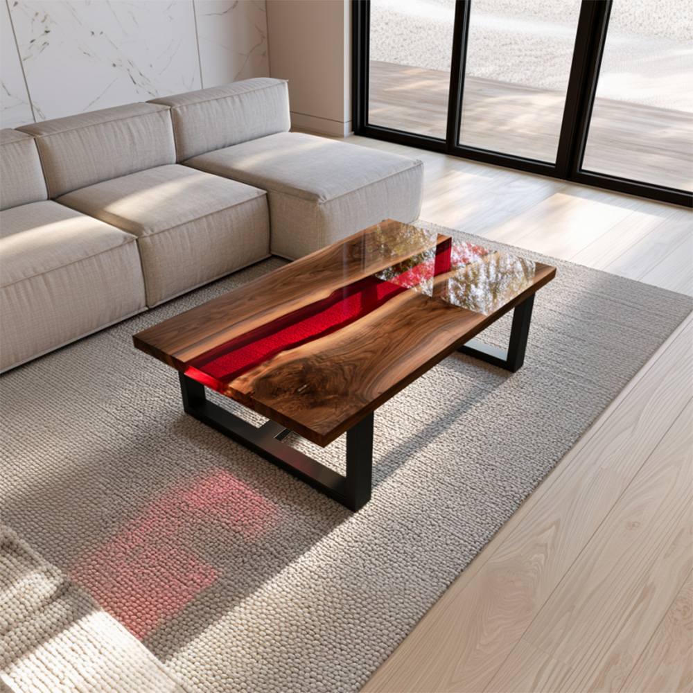 Elegant living room table crafted with natural walnut, polished transparent resin, and a sleek geometric silhouette