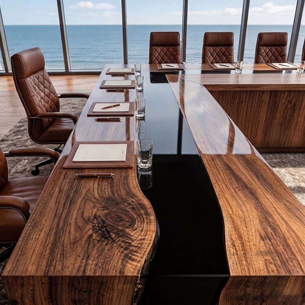 Handcrafted black walnut epoxy conference table designed for boardrooms, councils, and leadership teams