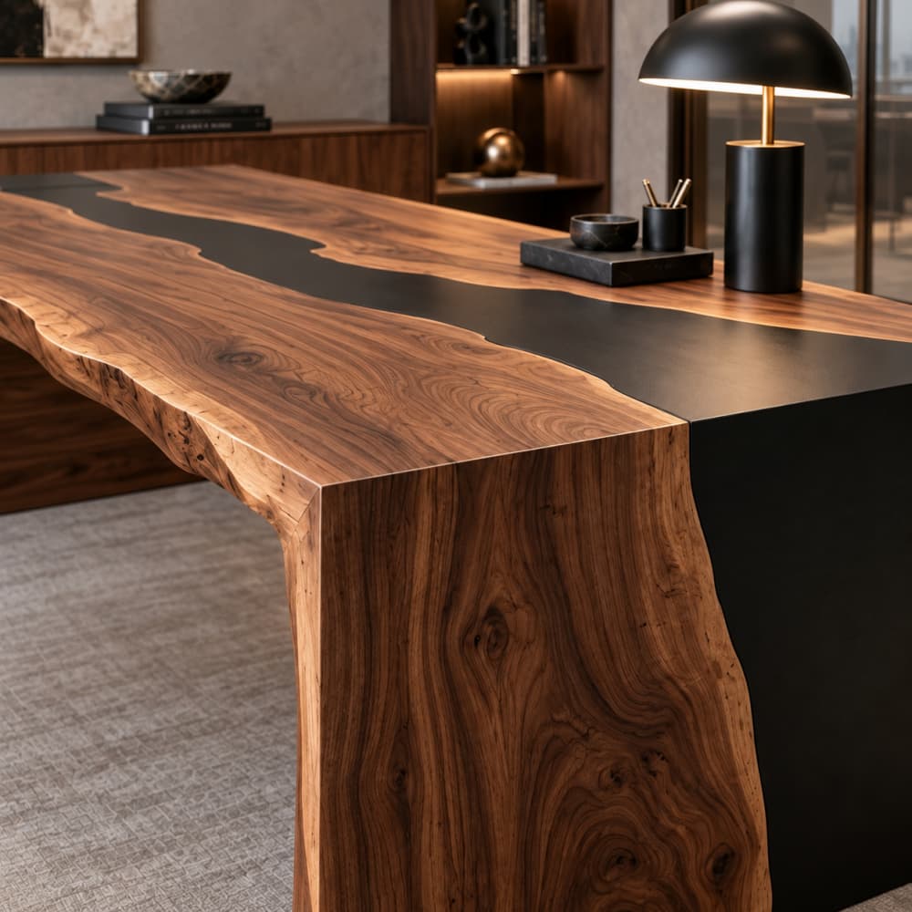 Luxury walnut epoxy desk designed for executive offices, leadership workspaces, and contemporary corporate interiors.