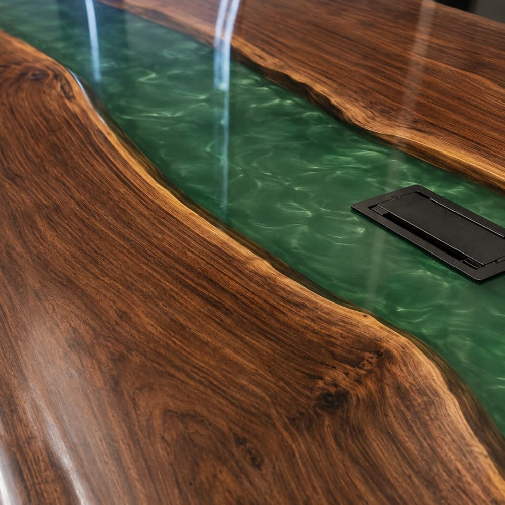 Luxury walnut epoxy table designed for office boardrooms with natural grain, live edge details, and green swirl resin