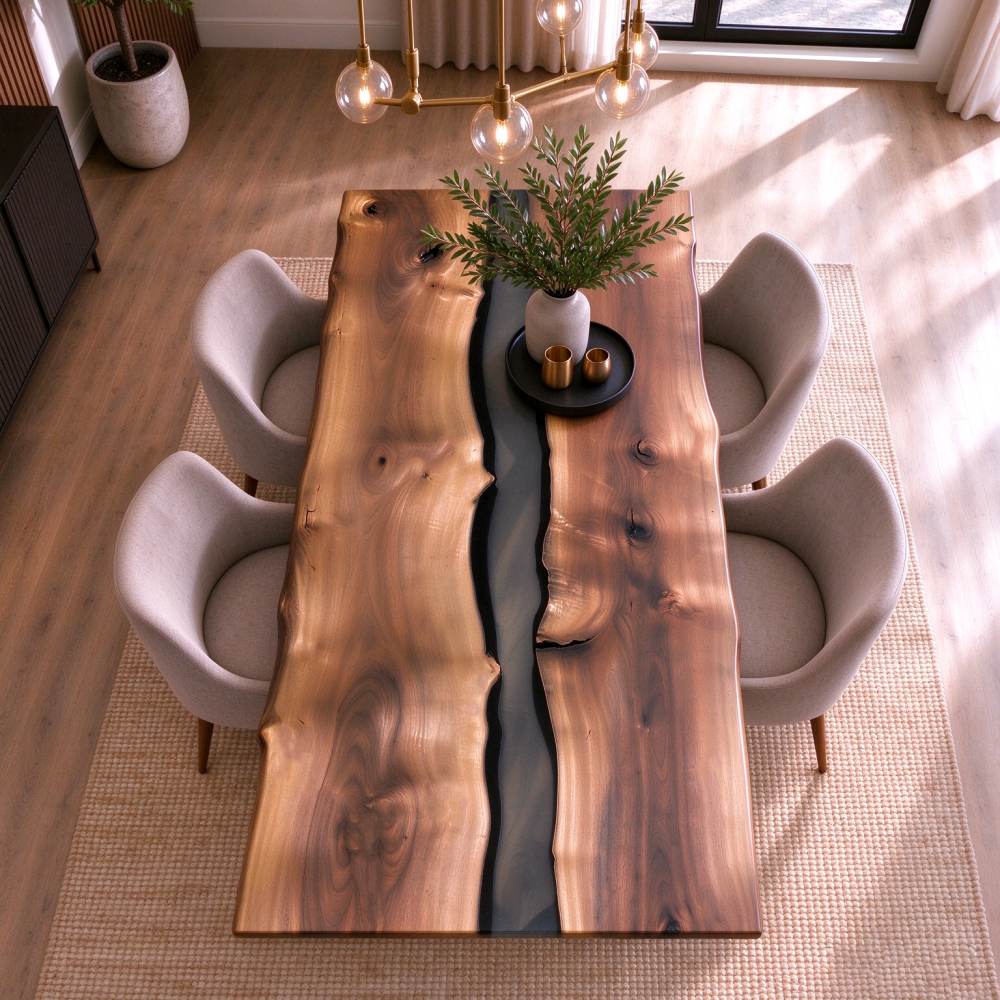 Luxury walnut and translucent gray resin dining table styled in a modern dining room with upholstered chairs, warm natural light, and contemporary decor.