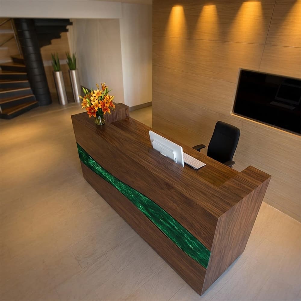 Handcrafted black walnut epoxy office front desk for upscale commercial spaces