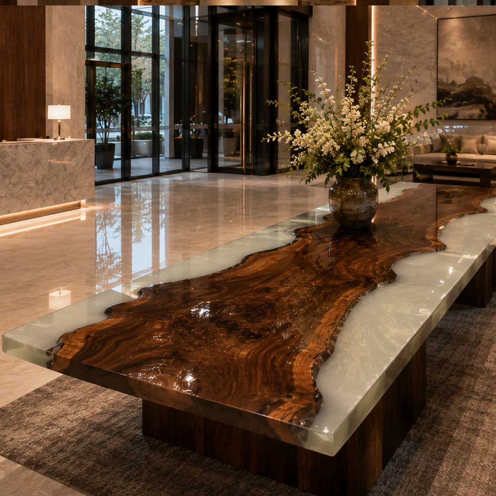 Luxury interior with a large wooden and glass table in a high-end lobby.