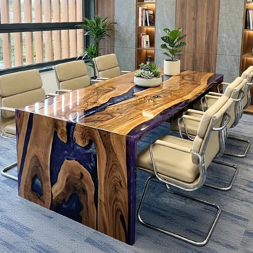 Luxury boardroom table handcrafted from walnut slabs with flowing purple resin accents