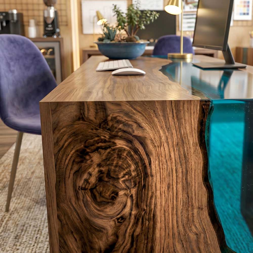 Luxury custom walnut river desk with waterfall legs for executive office interiors