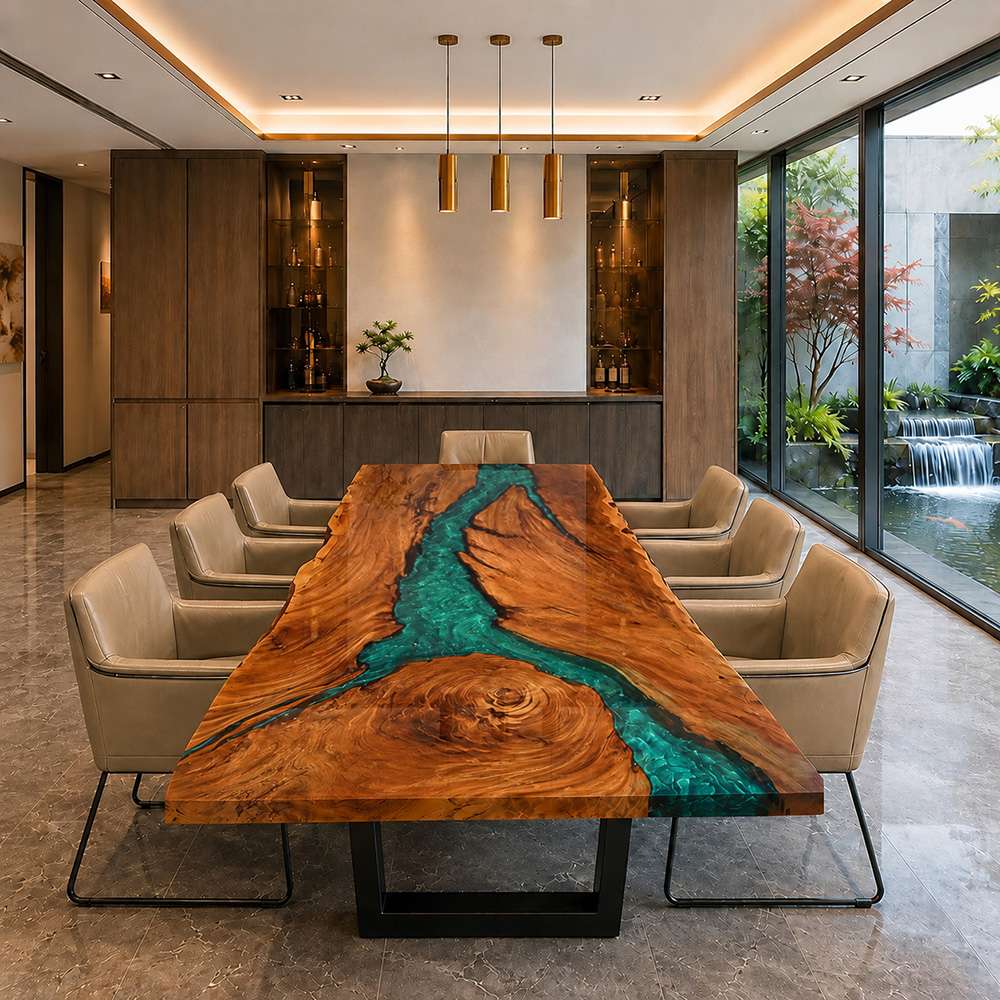 Handcrafted reception counter with black walnut wood and green epoxy resin accent