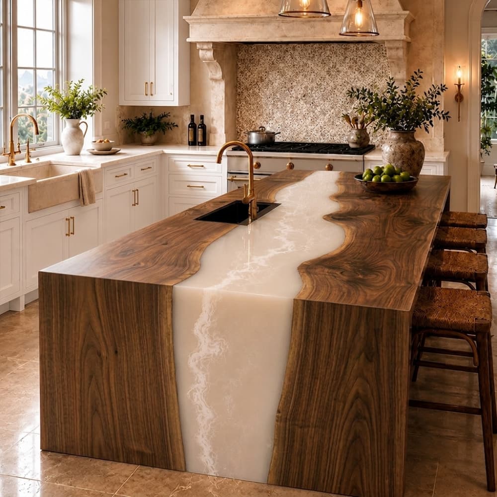 Bespoke live edge black walnut kitchen island with a vertical waterfall white wave resin river in a high-end Mediterranean style kitchen