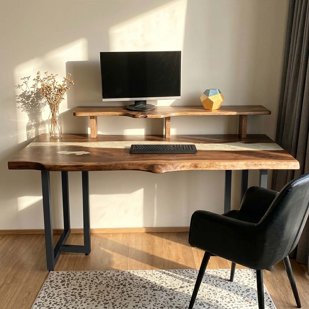 Luxury walnut workstation desk with integrated monitor shelf and epoxy resin accent