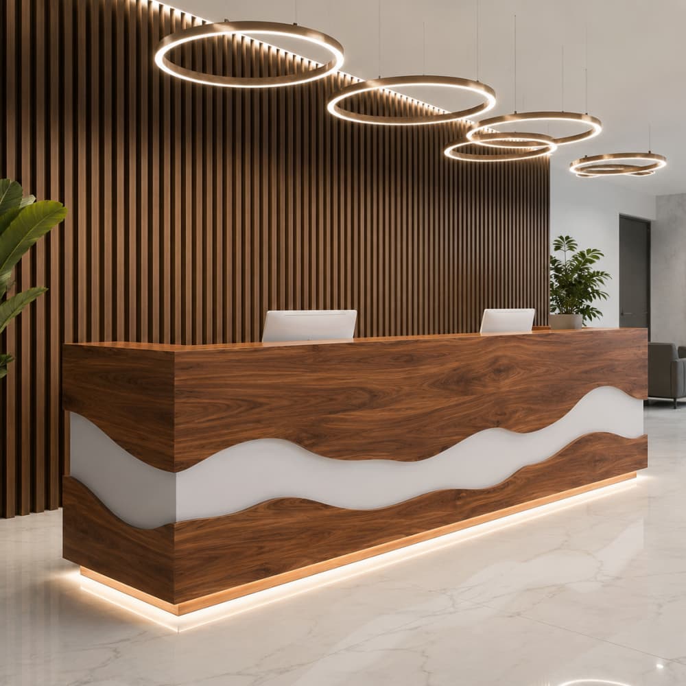 Luxury office front desk crafted from walnut wood and white epoxy resin