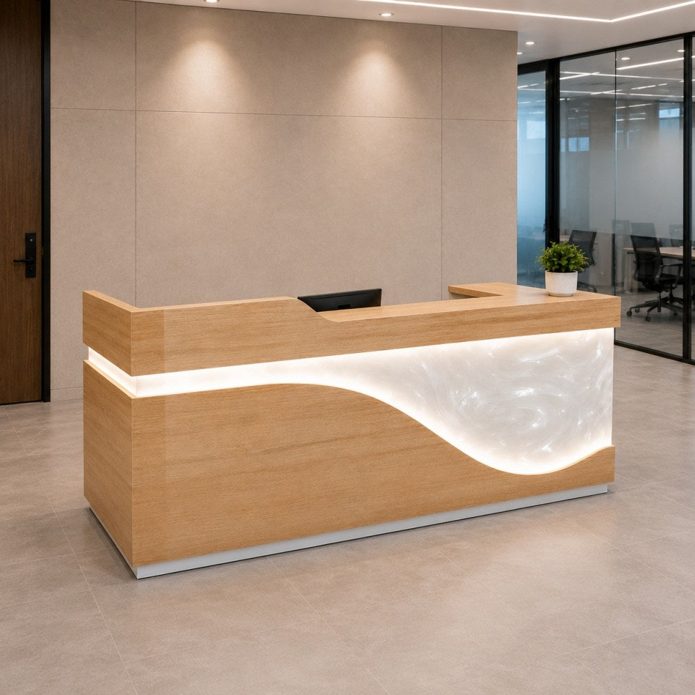 Luxury white epoxy reception desk with light wood finish and elegant curved front design