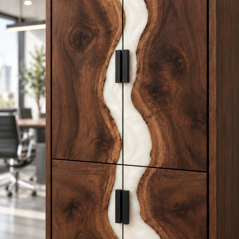 Luxury tall office storage cabinet in Black Walnut with white resin for contemporary commercial and home offices