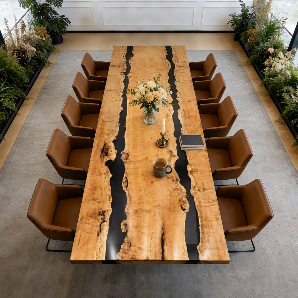 Custom maple conference table with black epoxy double river design in a luxury boardroom setting