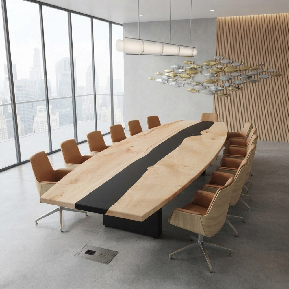 Large maple resin conference table made for team meetings, client presentations, and bright contemporary office spaces