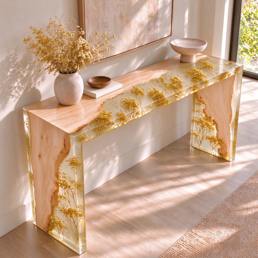 Modern maple waterfall console table with real yellow dried flowers encased in clear resin in a bright sunny entryway.