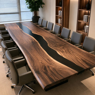 Black Walnut Live Edge Executive Table with Matte Black Epoxy | CT-62