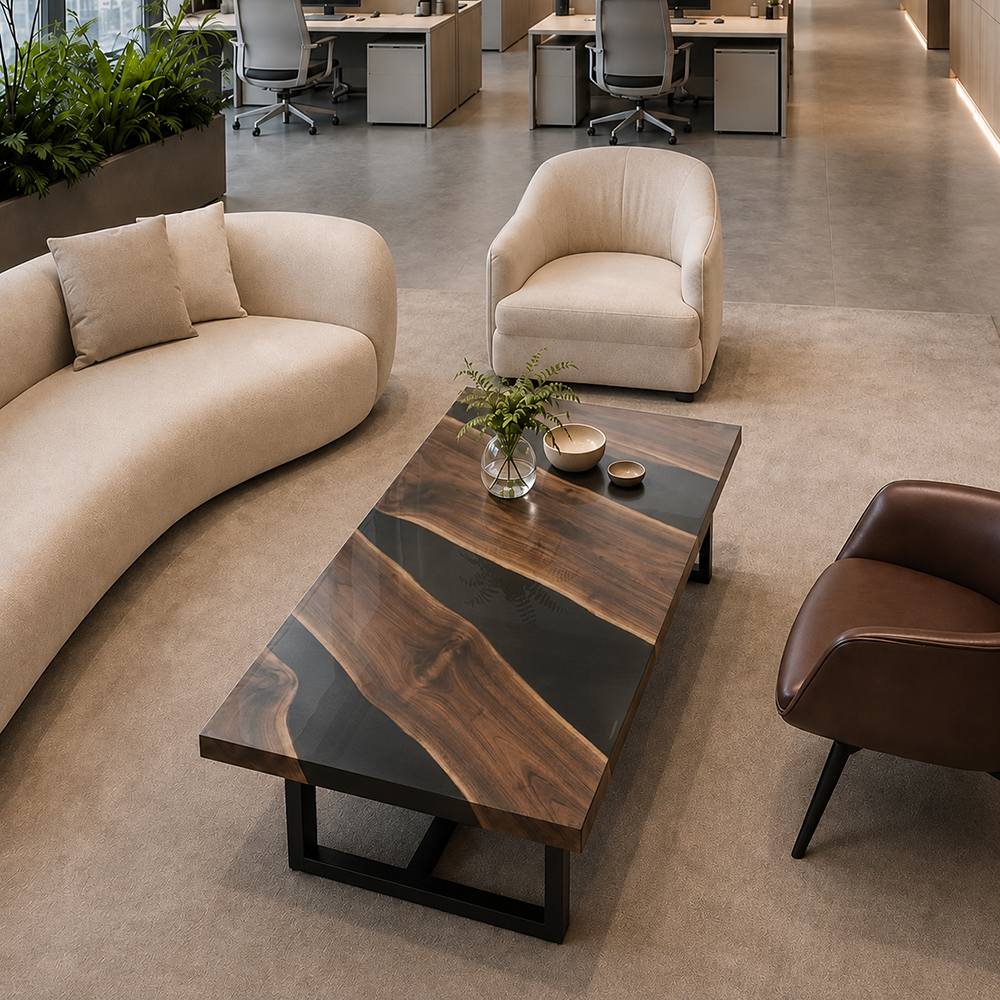 Sturdy matte‑black metal support legs of solid walnut epoxy river sofa table for heavy‑duty office‑space application