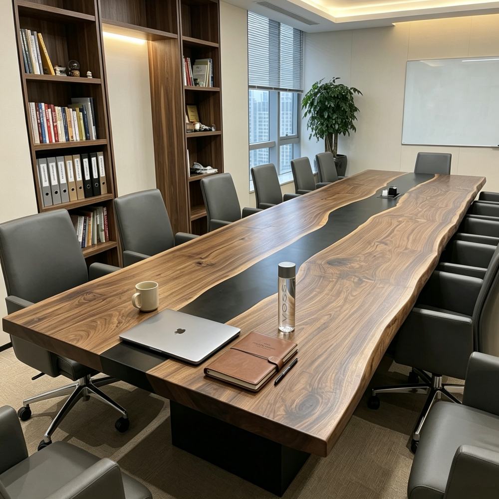 Black walnut black resin river conference table for a modern executive boardroom
