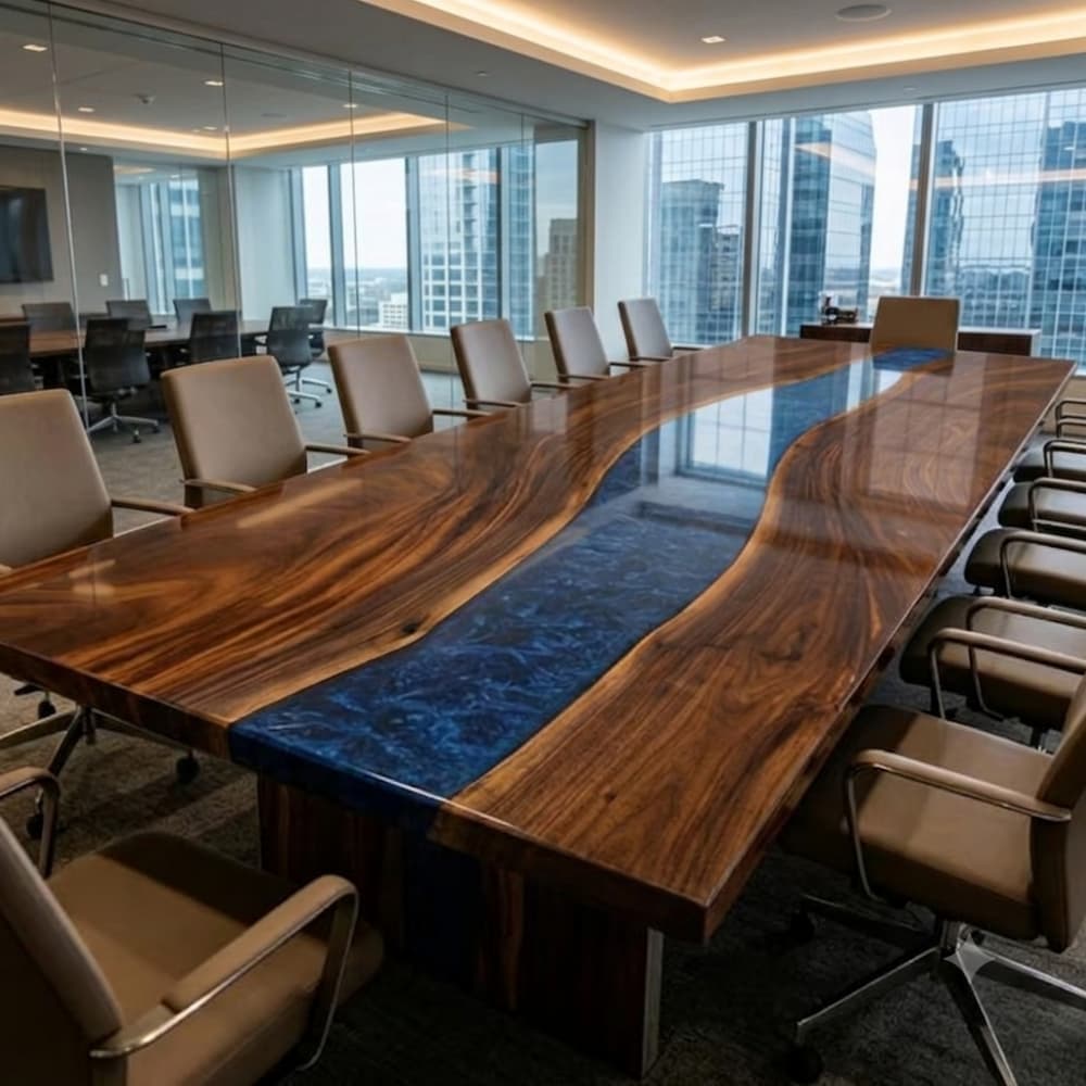 Oversized live edge wood meeting table paired with fourteen premium tan leather rolling office armchairs in a luxury C-suite