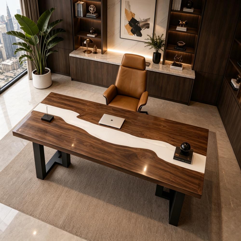Overhead perspective of a sustainable rectangular resin river desk adorned with an open laptop, black sphere decoration, and a potted palm tree