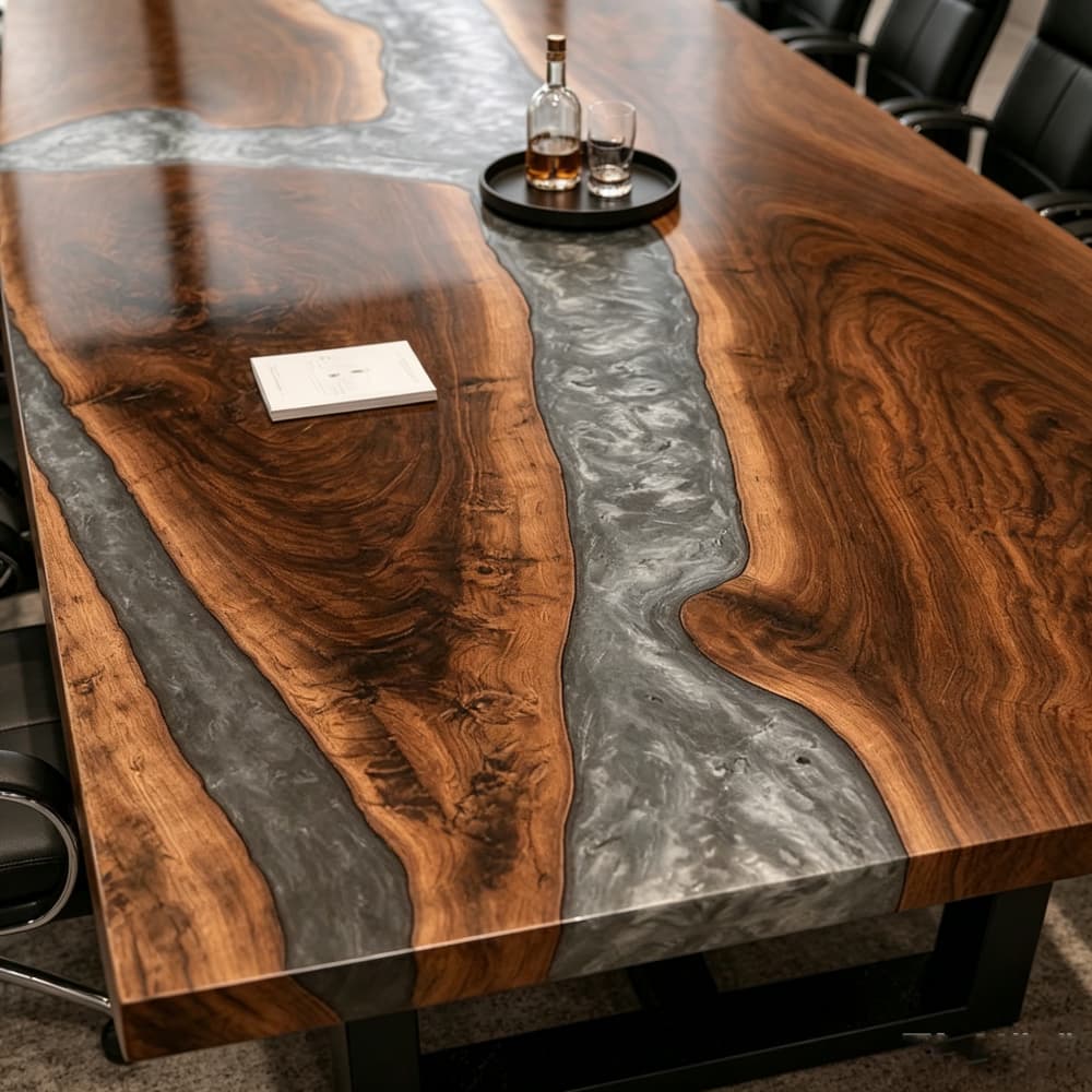 Oversized custom black walnut silver epoxy river table set up inside a modern corporate boardroom surrounded by black leather executive chairs