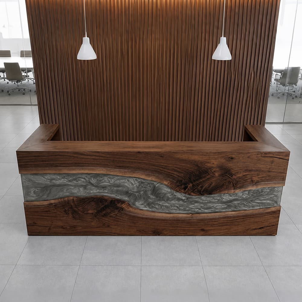 Front view of a monumental black walnut reception desk highlighting a massive, horizontal 3D flowing metallic silver resin river