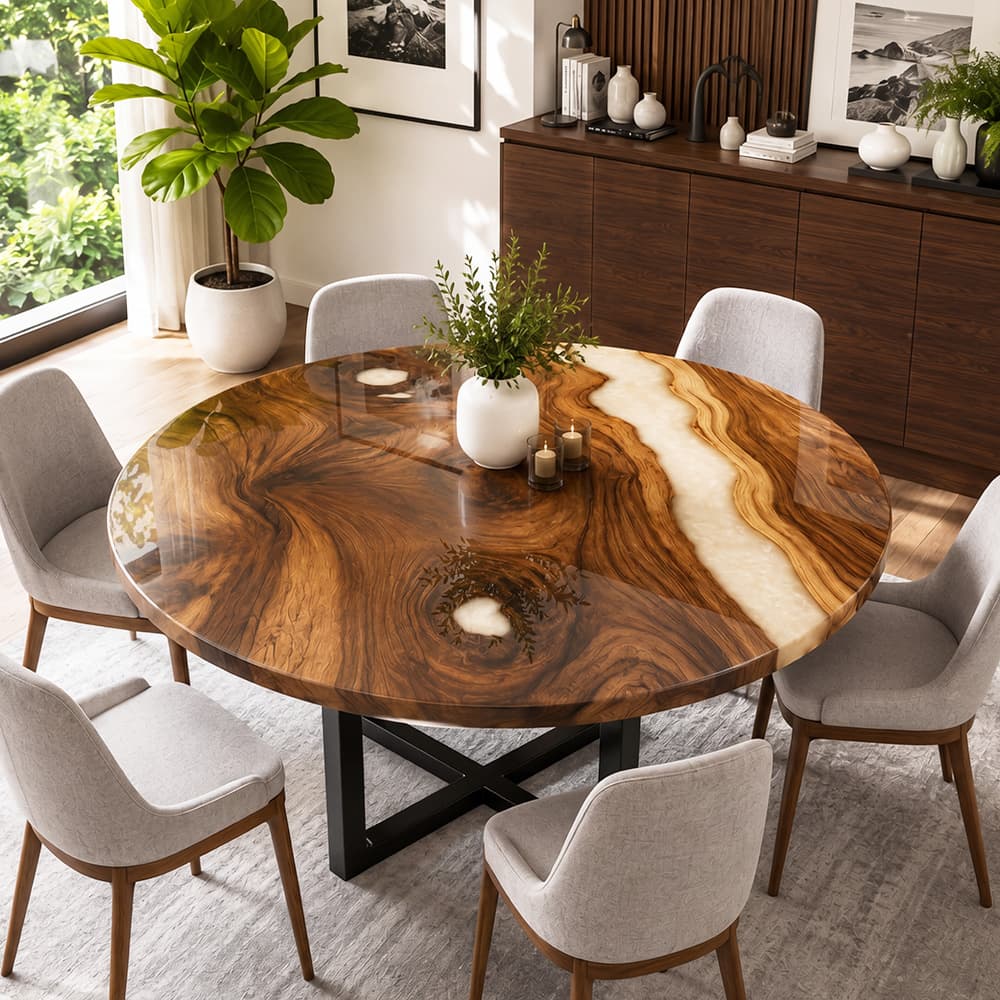 Aesthetic round walnut coffee table adorned with a white ceramic vase and candles, surrounded by six minimal grey upholstered chairs
