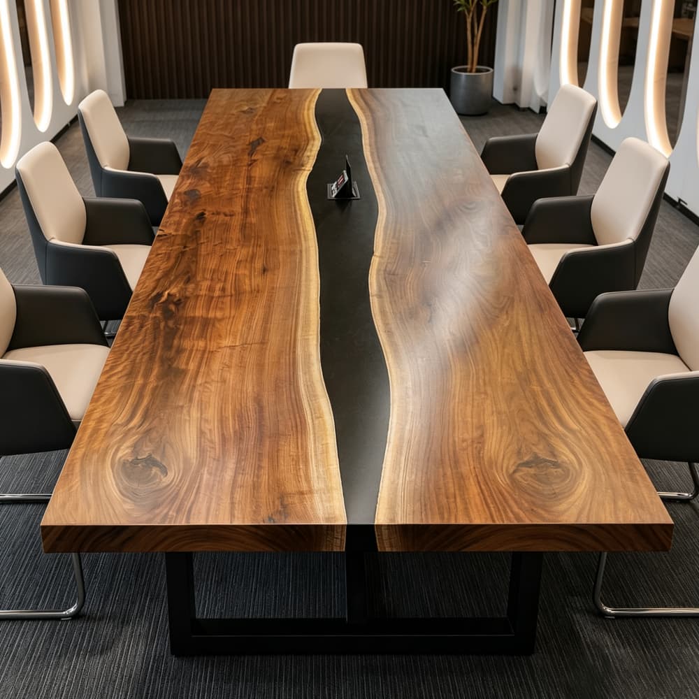Custom walnut black epoxy conference table with a central resin river, rectangular top, and black metal frame base in a modern boardroom
