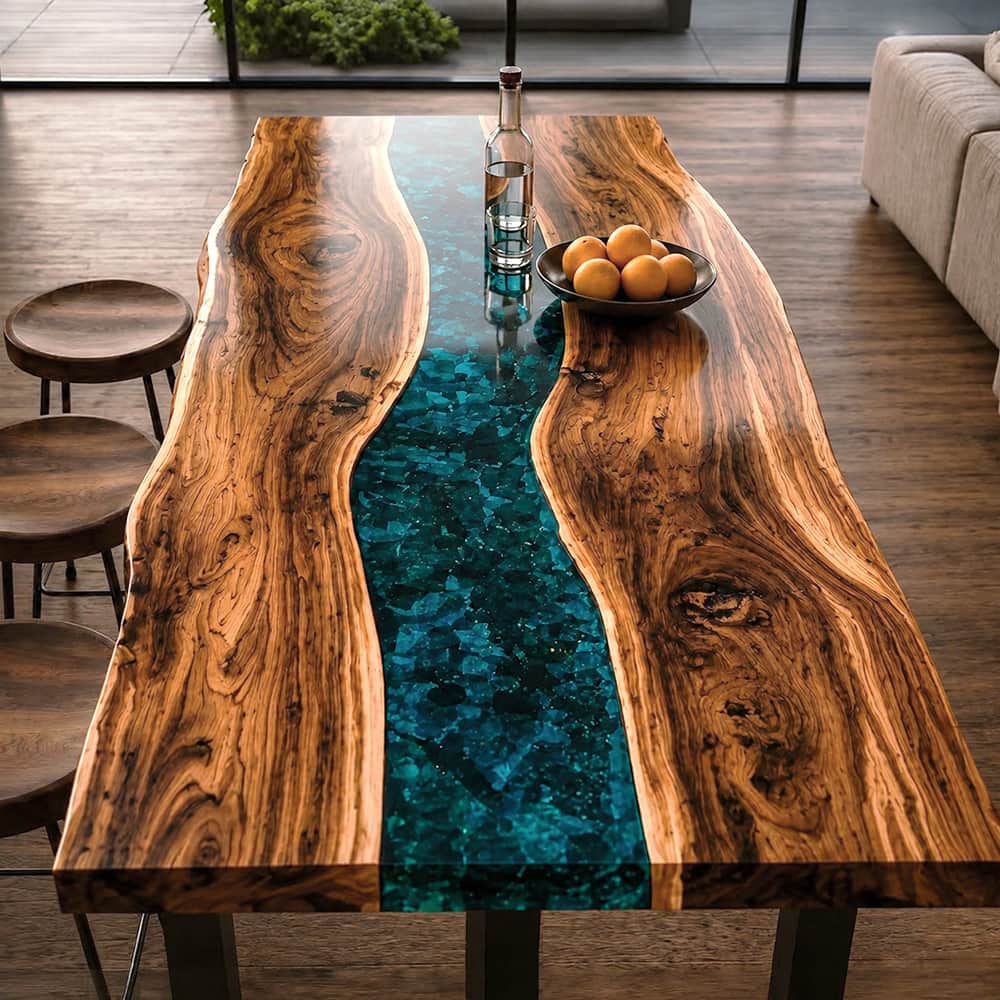 Custom walnut gathering table with a vibrant blue epoxy river for entertaining spaces