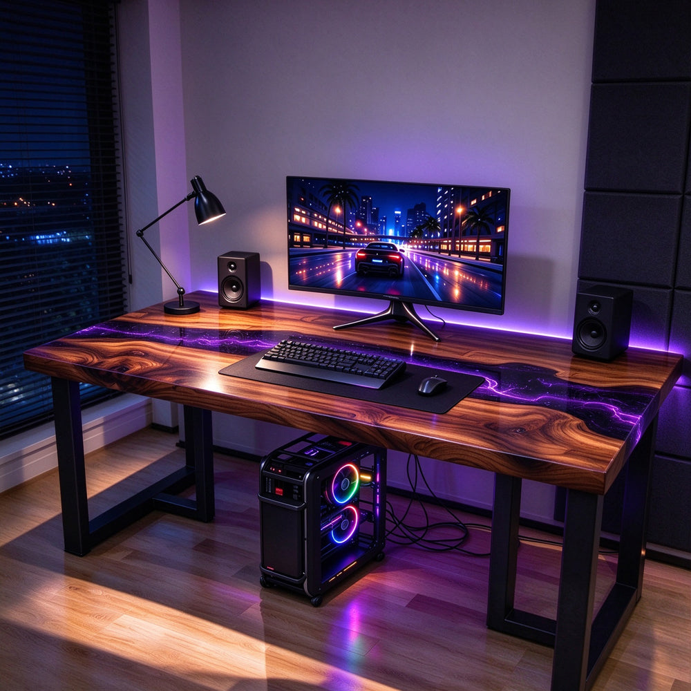 Close-up of a galaxy-inspired epoxy resin river flowing across a walnut gaming desk, with deep midnight blue, dark violet, and glowing purple swirls resembling distant nebula clouds.