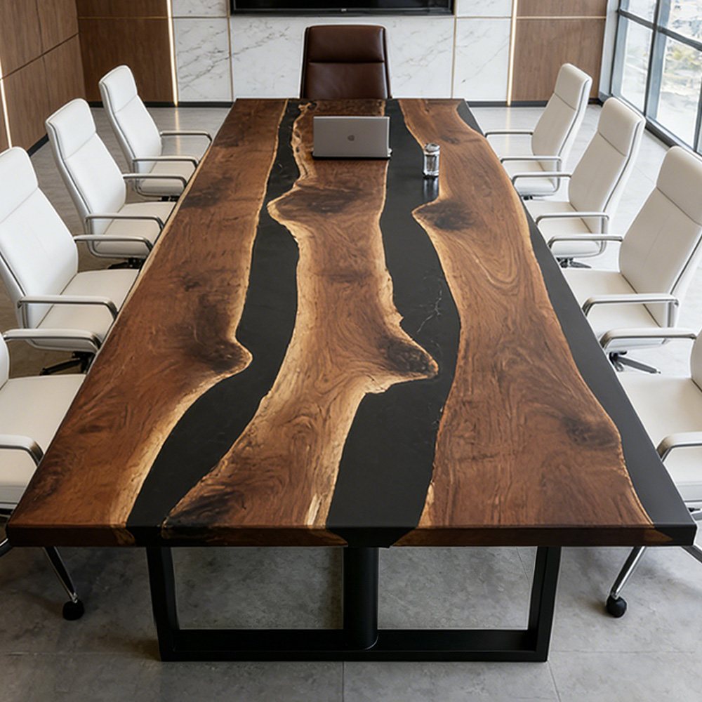 Luxury black walnut conference table with dramatic black epoxy river for executive boardrooms