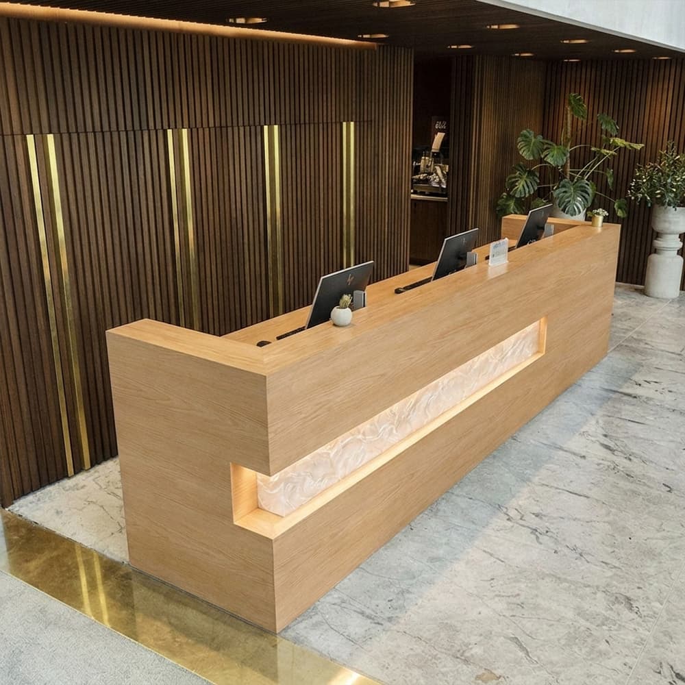 Minimalist ash reception desk featuring a glowing white swirl resin centerpiece
