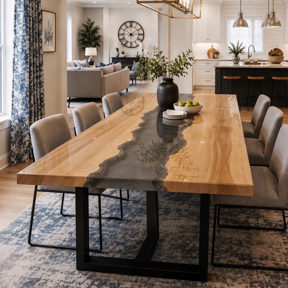 Long-form northern ash resin table decorated with green apples, flanked by six contemporary light grey upholstered chairs