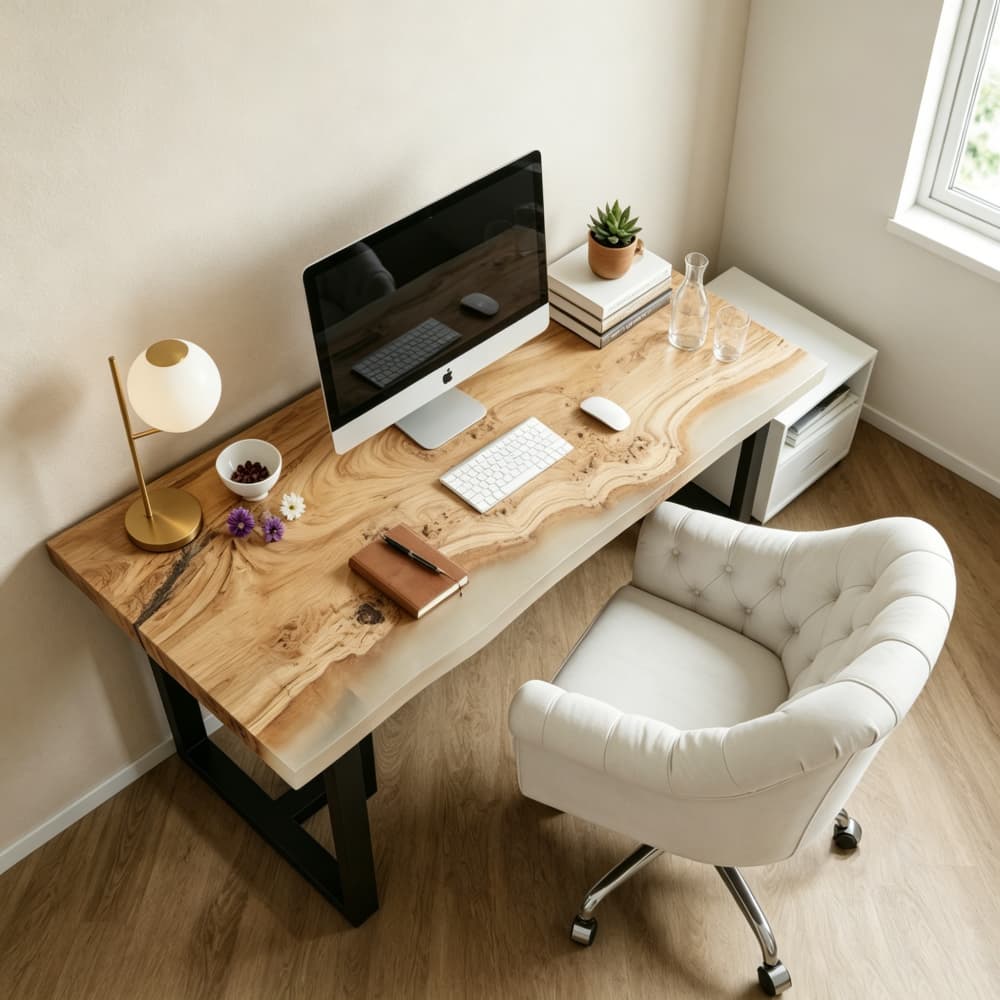 Minimalist poplar study desk featuring a clean matte white resin river