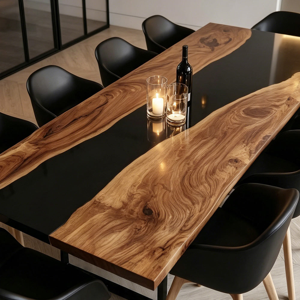 Side structural detail of sleek low-profile solid black supporting base under oversized suar wood mirror black epoxy river dining table