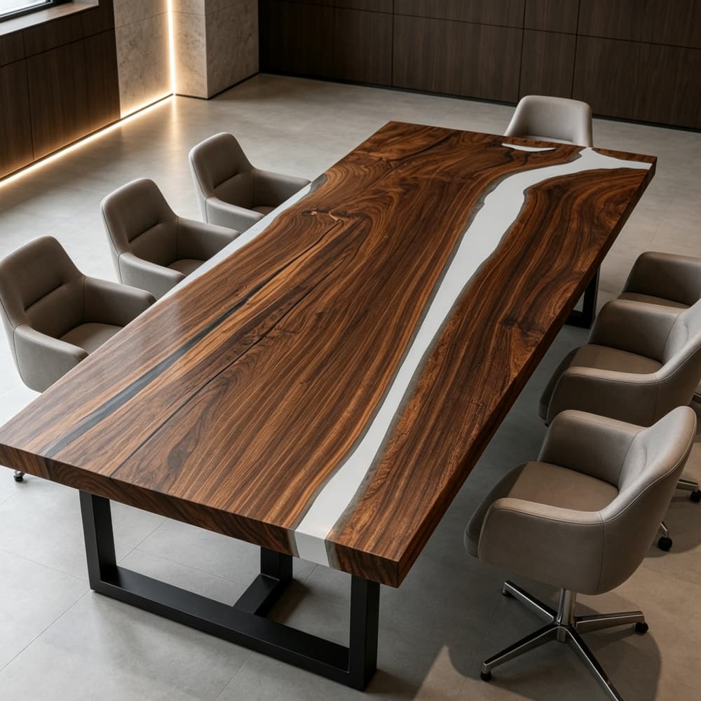 Modern minimalist walnut conference table with white resin inlay for boardroom