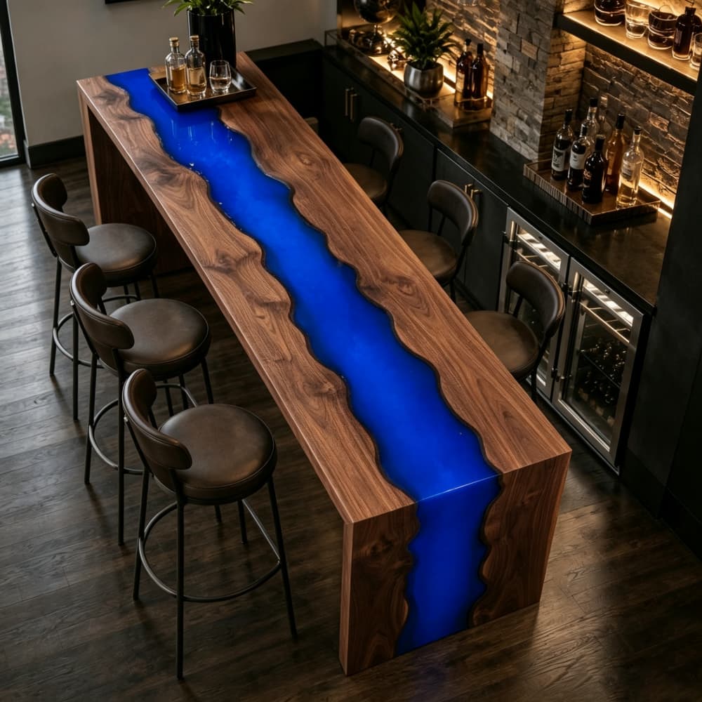 Close-up shot of the seamless mitered corner joint on a live edge walnut table cascading into a vertical resin waterfall leg