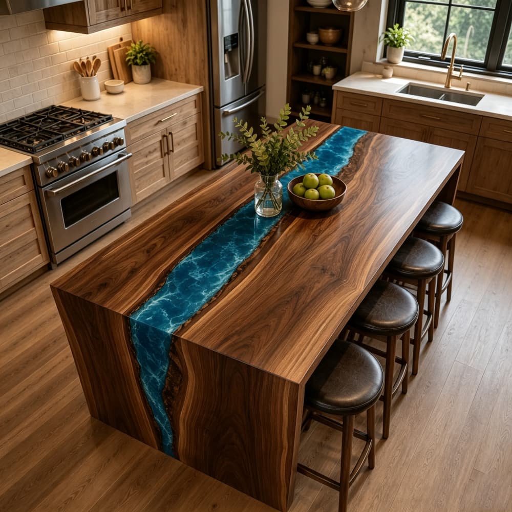 Upscale residential kitchen remodel highlighting a bespoke resin river centerpiece counter across from a gas range and built-in refrigerator