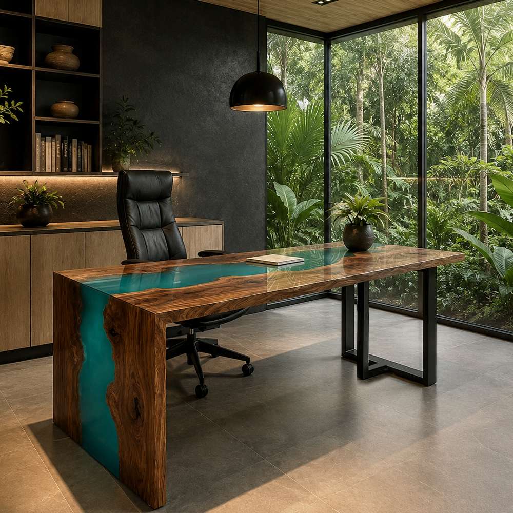Modern geometric matte black metal leg supporting the opposite side of a high-end luxury wood resin desk