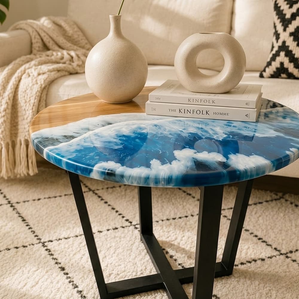 A coastal style resin river table decorated with beige ceramic vases and magazines on a textured geometric cream rug